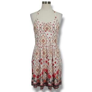 No Boundaries juniors Ivory Floral Halter Dress with Lace Racerback Small (3–5)